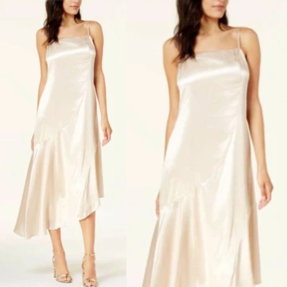 RACHEL ROY Dress Midi Asymmetrical Slip Dress Maxi Nude Satin Glossy Cocktail - Picture 8 of 10
